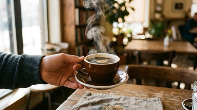 Someone offering a cup of coffee