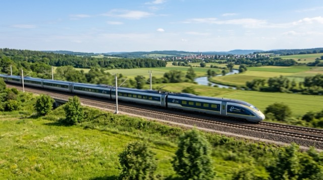A passenger train travelling along the tracks