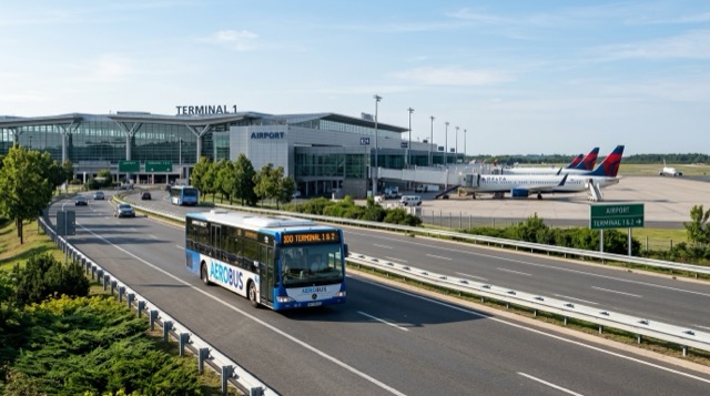 A bus heading to the airport