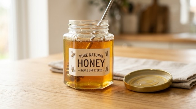 A glass jar full of honey